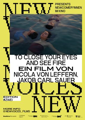 Filmplakat von "To close your eyes and see fire" - Grafik und Foto: 3 Frauen liegen mit geschlossenene Augen, auf dem Rücken, entspannt auf der Meeresoberfläche