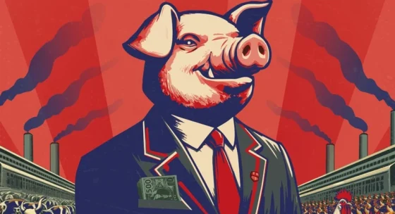 Schwein mit Anzug und roter Krawatte vor Fabrikschornsteinen, die schwarzen Rauch ausstoßen, im Stil einer politischen Karikatur.