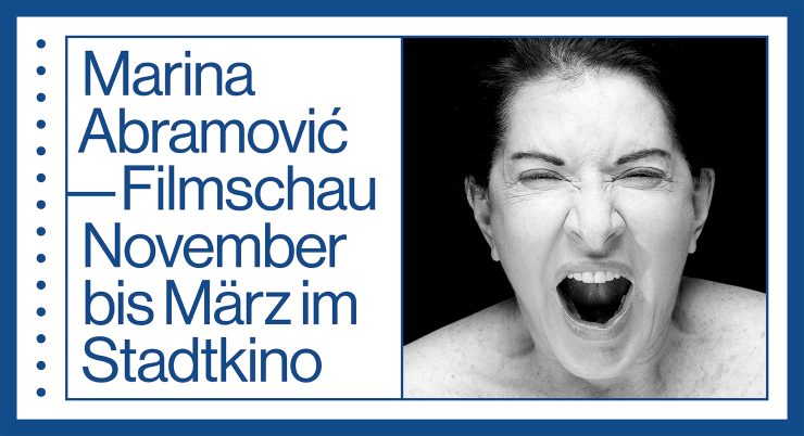 Infobild zur Filmschau. Rechts ein Foto von Marina Abramovic