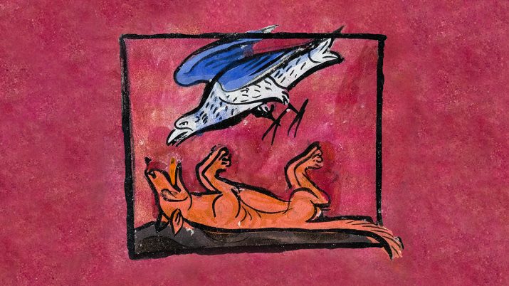 Gemälde mit einem orangefarbenen Hund, der auf dem Rücken liegt, und einem weißen Vogel mit blauen Flügeln, der darüber fliegt.