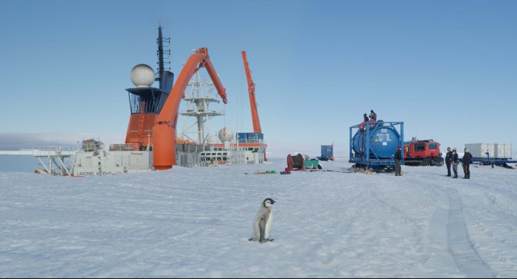Junges Pinguinküken sitzt auf schneebedecktem Boden vor einem Forschungsschiff mit orangen Kränen und mehreren Personen in Winterkleidung.