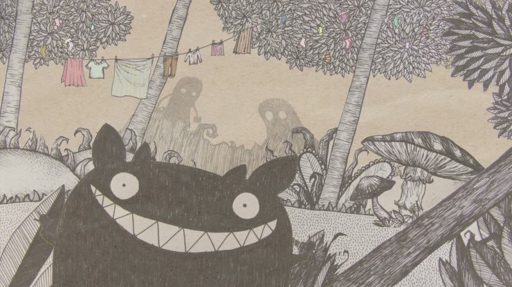 Animierter Wald, im Vordergrund ein kleines grinsendes Monster