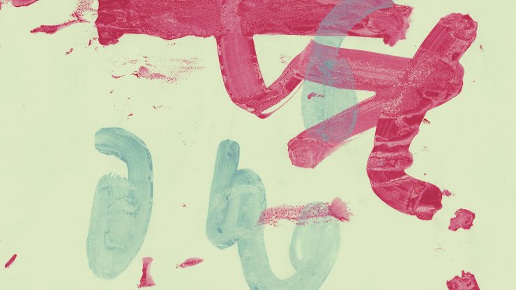 Ein abstraktes Bild auf türkisem Hintergrund, grüne und rote Striche.