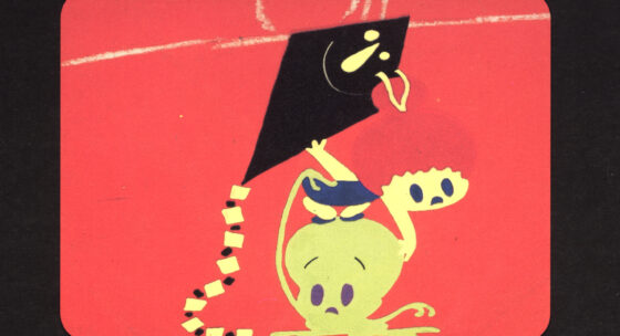 Stilisierte Zeichnung eines gelben, außerirdisch aussehenden Wesens mit großem Kopf und drei Fingern, das einen schwarzen Drachenflieger mit gelben Akzenten hält.