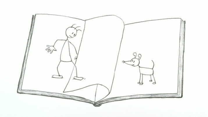 Schwarz-weiße Linienzeichnung eines aufgeschlagenen Buchs mit einer gezeichneten Figur auf der linken Seite und einem Hund auf der rechten Seite