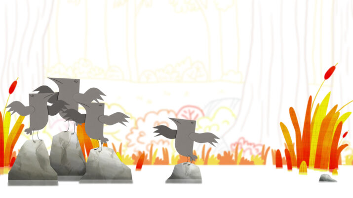 Mehrere stilisierte Kormorane sitzen auf grauen Felsen vor einem Hintergrund mit orangefarbenen und roten Schilfpflanzen