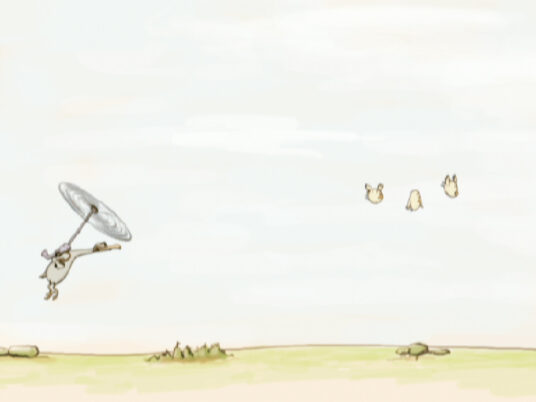 Kleiner Vogel hält Propeller über Kopf und fliegt über flache Landschaft mit drei kleinen Vögeln in der Luft