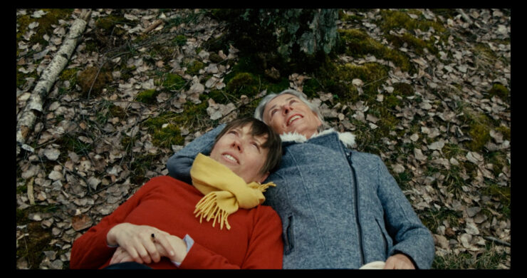 Zwei Personen liegen nebeneinander auf einem mit Laub bedeckten Waldboden, eine trägt einen gelben Schal und rote Kleidung, die andere eine graue Jacke.