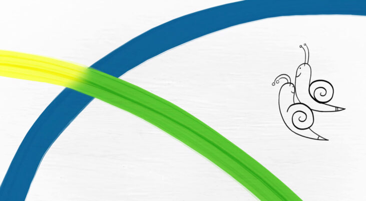 Zwei stilisierte Schnecken mit spiralförmigen Gehäusen neben zwei sich kreuzenden, gebogenen Linien in Blau und Grün mit gelbem Verlauf auf weißem Hintergrund