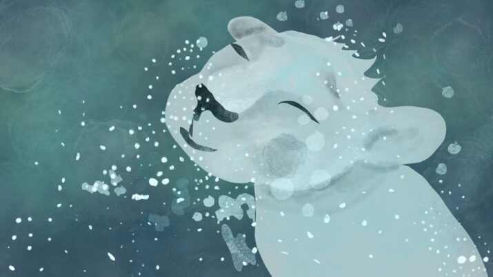 Illustration eines lächelnden Eisbärenkopfs mit geschlossenen Augen vor einem aquamarinfarbenen Hintergrund mit weißen Spritzern